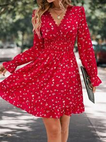 SHEIN Holidaya Ditsy Floral Print Guipure Lace Trim Flounce Sleeve Dress - Red - View 6