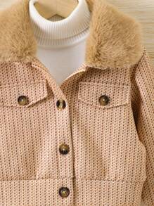 SHEIN Cô Gái Trẻ Cổ áo Borg Chi tiết về Flap Nút phía trước Áo khoác Không có áo len - Màu Khaki - Xem 5