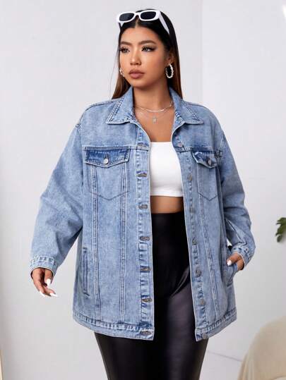 Firerie Talla grande Cazadora mezclilla con diseño de solapa de hombros caídos