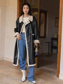 DAZY Abrigo de poliuretano con botones dobles y ribete de contraste, abrigo informal de mujer de invierno con cuello alto, hombros caídos y bolsillos, abrigo de mujer de color negro y bloque de color, ropa de mujer de invierno, chaqueta de mujer de invierno, ropa de mujer de otoño, forro polar