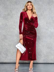 SHEIN BAE Đầm nhung xẻ đùi xẻ đùi trước cổ trễ - Màu Đỏ Sâu - Xem 4