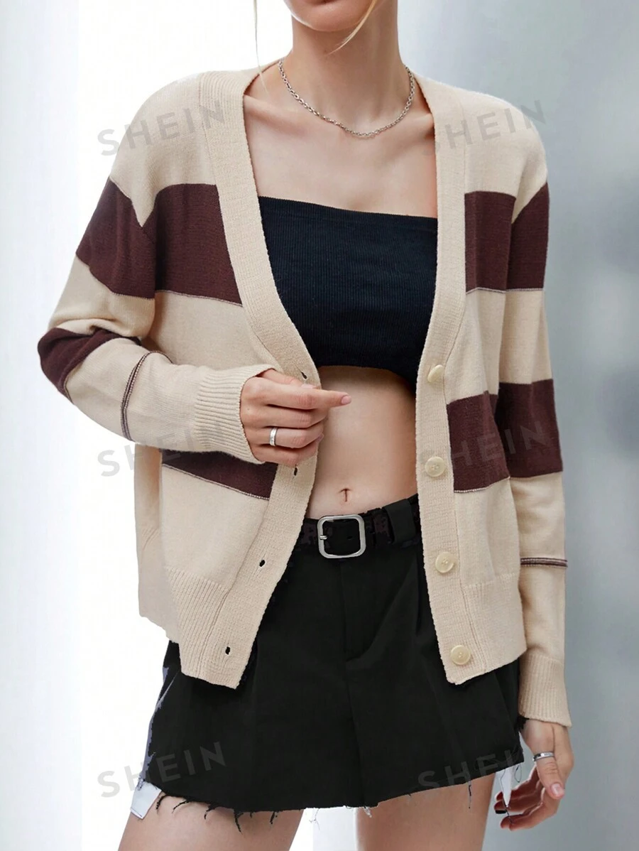 SHEIN Unity Cárdigan de color combinado con botón delantero - Albaricoque - Ver 1