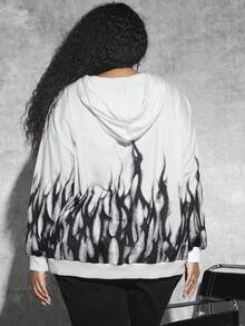 SHEIN CURVE+ 加大码字母火焰图案拉链抽绳卫衣 - 白色 - 查看 2