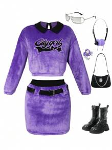 SHEIN Cô gái Tween Thêu Chữ Cổ áo tương phản Flannel Áo chui đầu & Váy - Màu tím  Violet - Xem 1