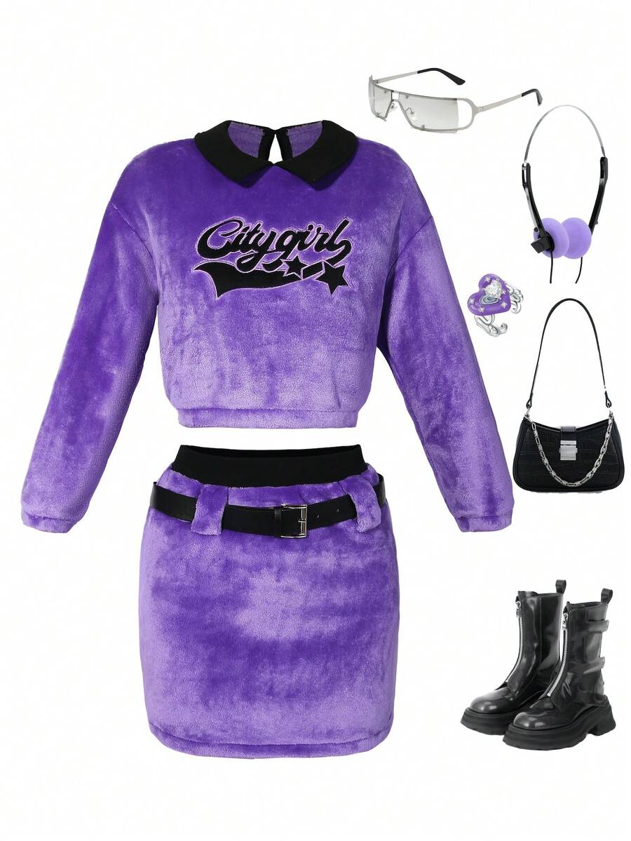 SHEIN Cô gái Tween Thêu Chữ Cổ áo tương phản Flannel Áo chui đầu & Váy - Màu tím  Violet - Xem 1
