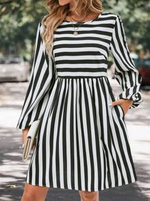 SHEIN Privé Striped Print Lantern Sleeve Dress - Black and White - View 6