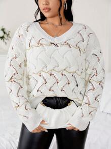 SHEIN Unity Plus Pointelle Knit Drop Shoulder Sweater Knit Pullover Fall Winter Outfit - Multicolor - View 4