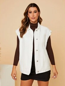 SHEIN Essnce Nút phía trước Áo khoác Denim Vest - trắng - Xem 3