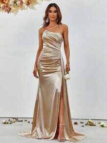Asymmetric Neckline Ruched High Slit Satin Formal Dress, Elegant Bridesmaid Dress - Champagne - View 1