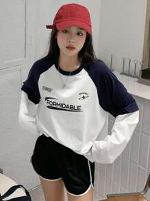 DAZY Áo thun tay dài họa tiết chữ Raglan tương phản dành cho nữ, Quần áo mùa thu cho nữ - Đen và trắng - Xem 1