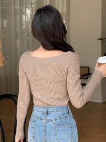 DAZY Solid V Neck Ribbed Knit Sweater,Fall Clothes - Khaki - View 2