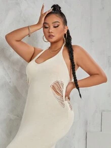 Flirla Plus Tie Backless Halter Sweater Dress - Apricot - View 3