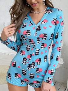 Heart & Panda Print Half Button Sleep Romper - Blue - View 4