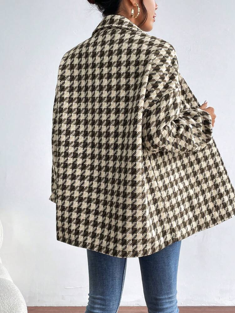 Houndstooth Print Drop Shoulder Flap Pocket Coat