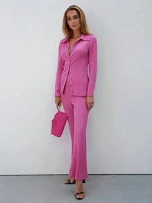 BizChic 素色前紐扣襯衫&喇叭褲 - 玫紅色 - 查看 4