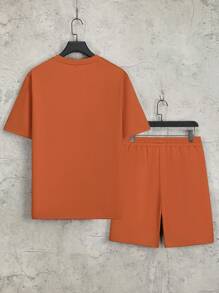 Manfinity Homme 休閒抽繩 貼布 口袋字母男士兩件套 - 橘色 - 查看 3