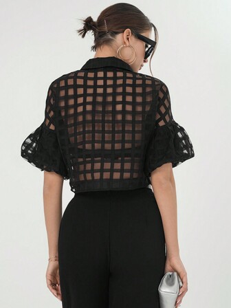 SHEIN Privé Plaid Mesh Drop Shoulder Crop Shirt Without Bra