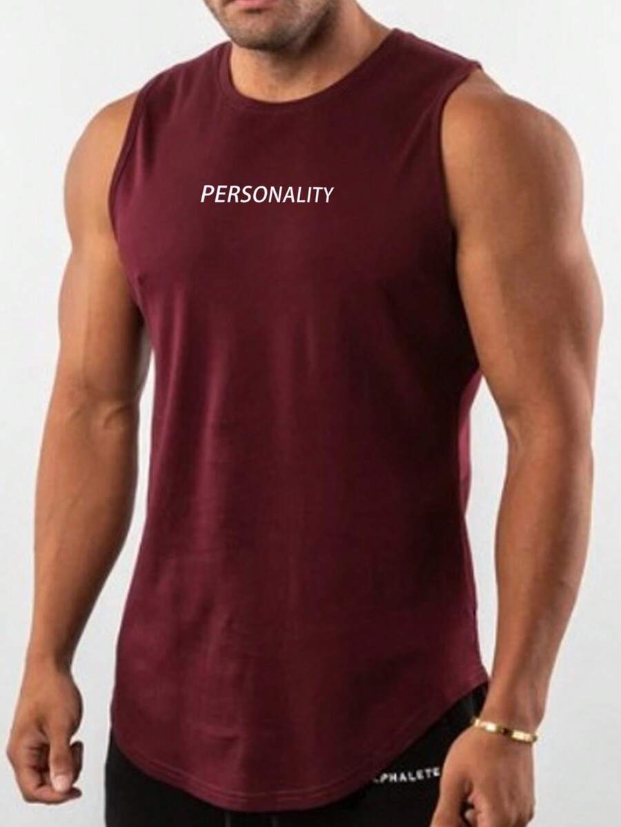 Manfinity Athleisure Camiseta deportiva sin mangas con gráfico de letras para hombre, camiseta de entrenamiento - Burdeos - Ver 1