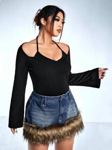 SHEIN ICON Plus Tie Back Halter Neck Tee - Black - View 5