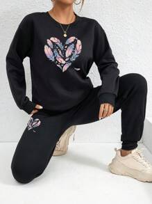 SHEIN EZwear Feather Print Drop Shoulder Sweatshirt & Sweatpants - Black - View 1