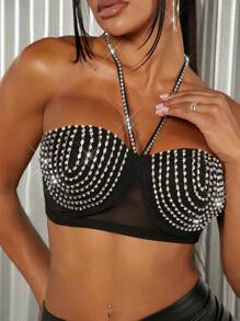 SHEIN SXY 水鑽細節繞頸短上衣&抽繩高衩半身裙 - 黑色 - 查看 4