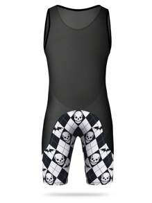 Men Checker & Bat Print Contrast Mesh One Piece Loungewear, Halloween - Black and White - View 2