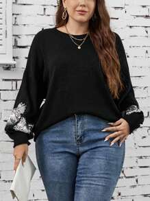 SHEIN LUNE Talla grande Jersey con lentejuela en contraste de hombros caídos - Negro - Ver 1