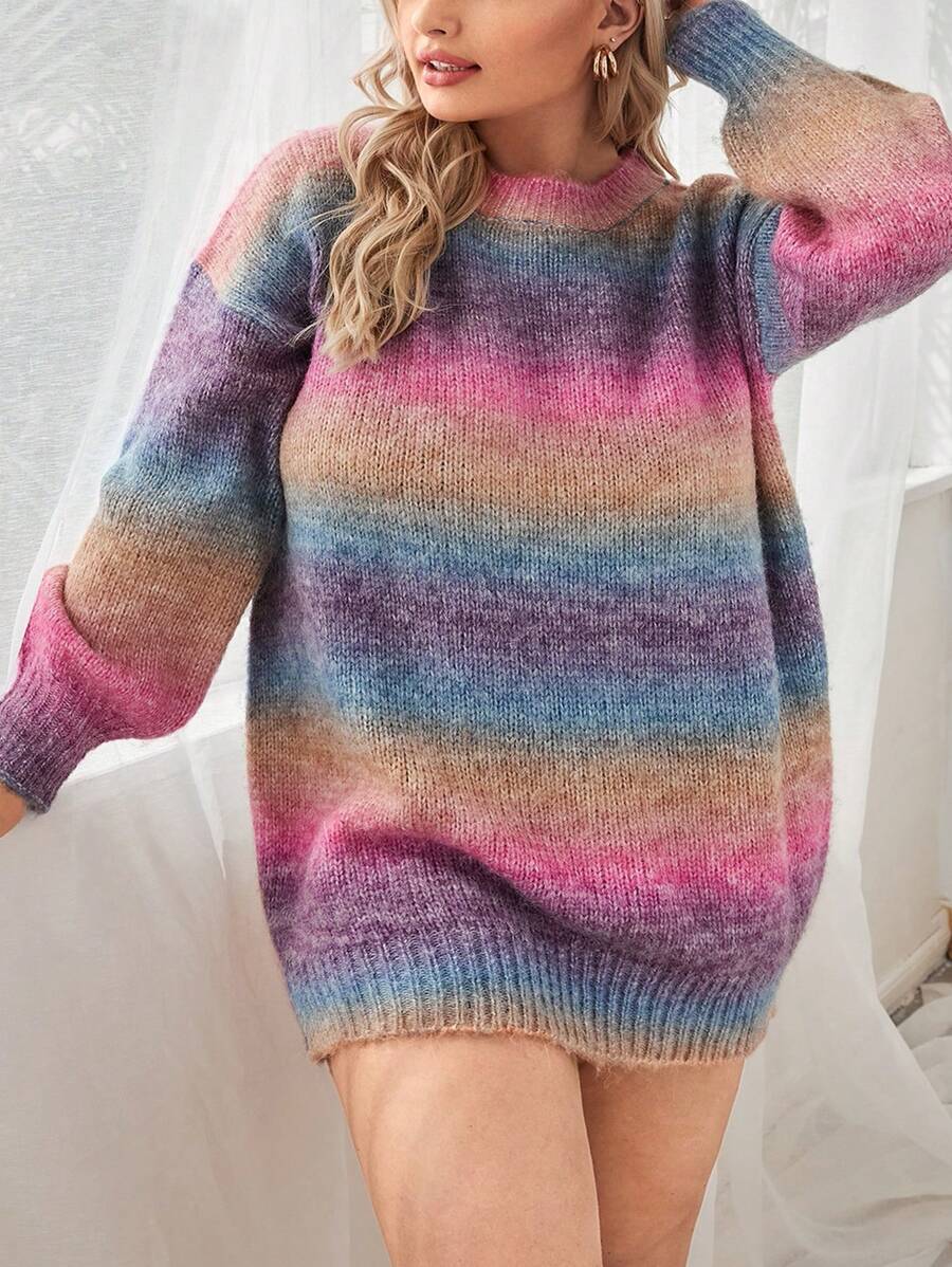 SHEIN CURVE+ 大碼漸層落肩袖毛衣洋裝 - 彩色 - 查看 1