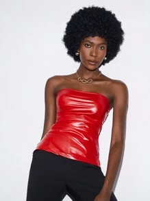Maija Solid PU Leather Tube Top - Red - View 8