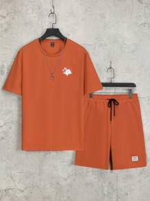 Manfinity Homme 休閒抽繩 貼布 口袋字母男士兩件套 - 橘色 - 查看 2