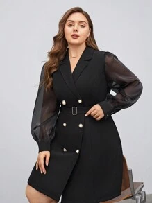 BizChic Damenanzug Jacke Und Kleid Mit Doppelreihigem Gürtel In Plus-größe, Schwarz Mit Mesh-einsatz Und Ballonärmel - Schwarz - Übersicht 1