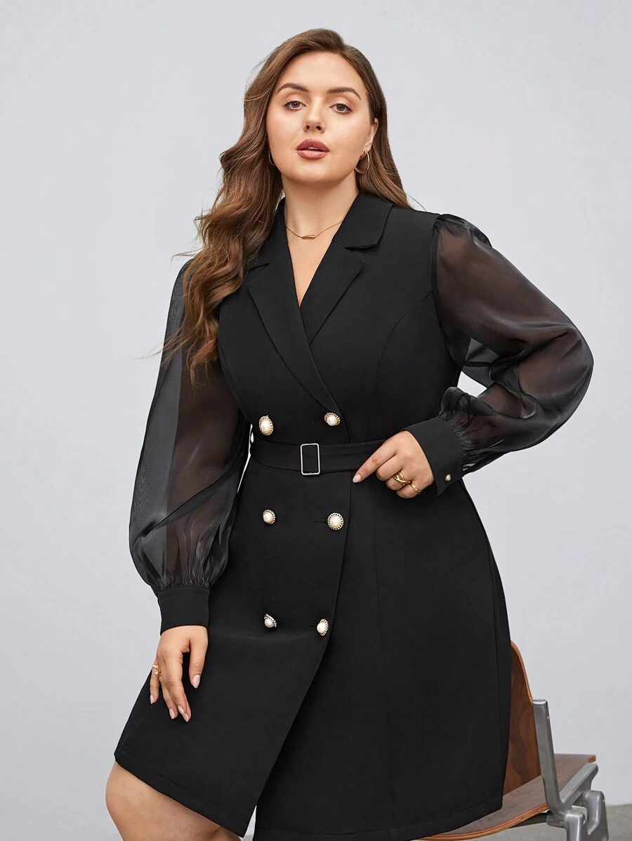 BizChic Damenanzug Jacke Und Kleid Mit Doppelreihigem Gürtel In Plus-größe, Schwarz Mit Mesh-einsatz Und Ballonärmel - Schwarz - Übersicht 1
