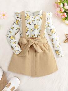 SHEIN Áo phông xếp nếp in hoa trẻ trung và váy yếm có thắt lưng - Nhiều màu - Xem 1