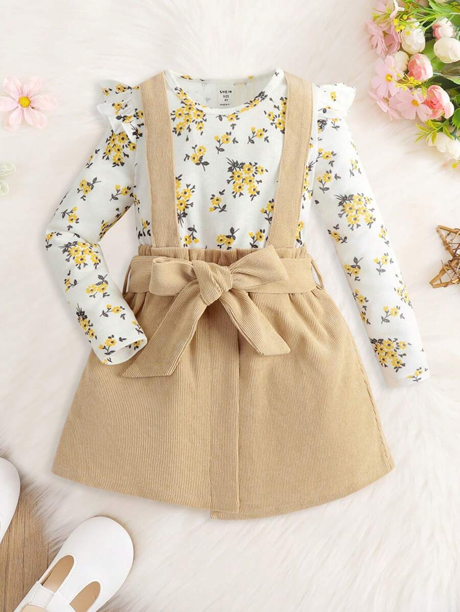 SHEIN Áo phông xếp nếp in hoa trẻ trung và váy yếm có thắt lưng - Nhiều màu - Xem 1