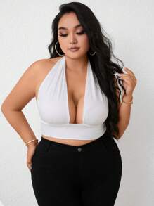 Celure Talla grande Top halter crop unicolor de espalda abierta - Blanco - Ver 4