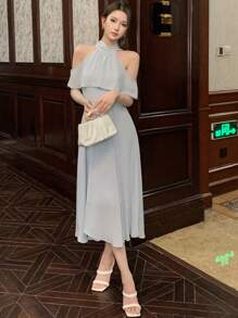 DAZY 纯色荷叶边露肩连衣裙 舞会礼服 吊带裙 婚礼礼服 优雅女士连衣裙 - 藍色 - 查看 6