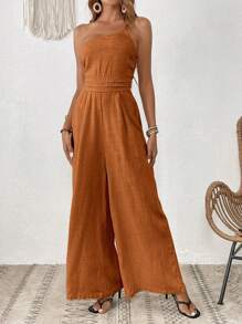 SHEIN VCAY Solid Wide Leg Cami Jumpsuit - Rust Brown - View 5