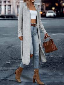 SHEIN LUNE Cárdigan de plumero con parte delantera abierta largo - Gris Claro - Ver 3