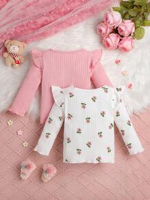Chicas Bebé 2 piezas Camiseta con estampado floral ribete con fruncido tejida de canalé - Multicolor - Ver 2