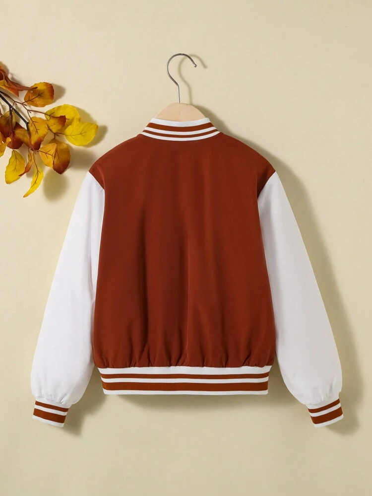 Tween Girl Letter Patched Striped Trim Colorblock Varsity Jacket