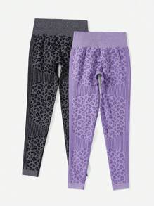 2pcs Seamless Leopard Print Wideband Waist Sports Leggings