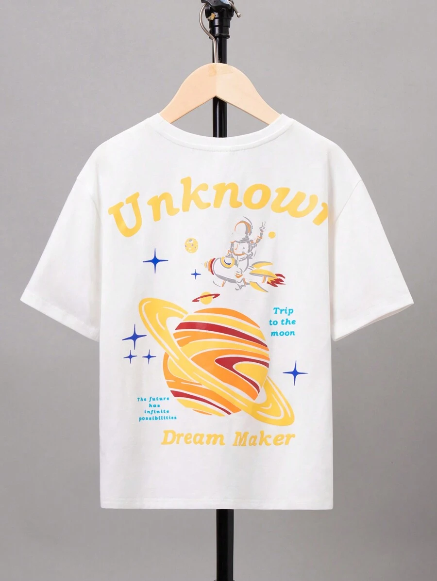 SHEIN Tween Boy Astronaut & Slogan Graphic Drop Shoulder Tee - White - View 1