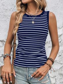 SHEIN LUNE Top de tirantes con estampado de rayas, informal para vacaciones de verano - Azul y blanco - Ver 6