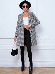 SHEIN Tall Houndstooth Print Double Breasted Overcoat - Multicolor - View 3