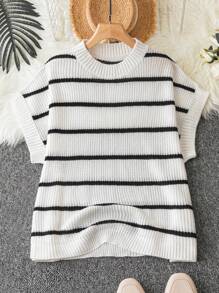 DreamSkyne Plus Striped Pattern Batwing Sleeve Knit Top, Summer - Black and White - View 1