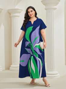 Al Najma Plus Floral Print Notched Neckline Dress - Multicolor - View 3
