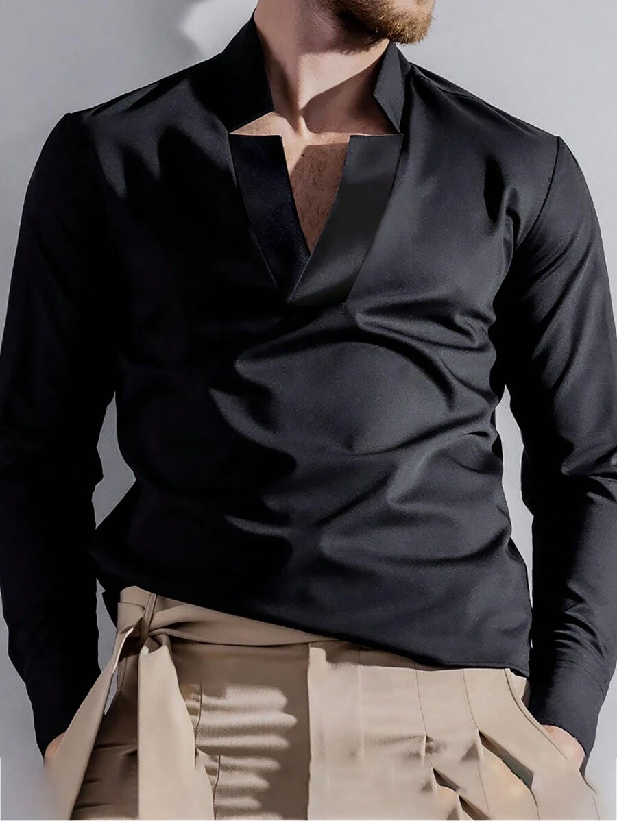 Men Solid Notched Neck Shirt - Black - View 1