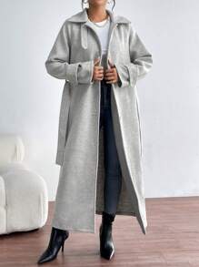 SHEIN Essnce 插肩袖腰帶花呢外套 - 灰色 - 查看 3