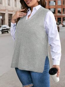 SHEIN LUNE 休閒開衩 羅紋針織純色大碼毛衣背心 - 淺灰色 - 查看 3