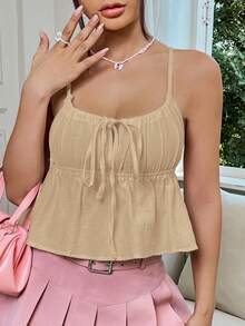 SHEIN Qutie Tie Trước Xù Hoa Sen Cami ngọn - Màu be - Xem 5